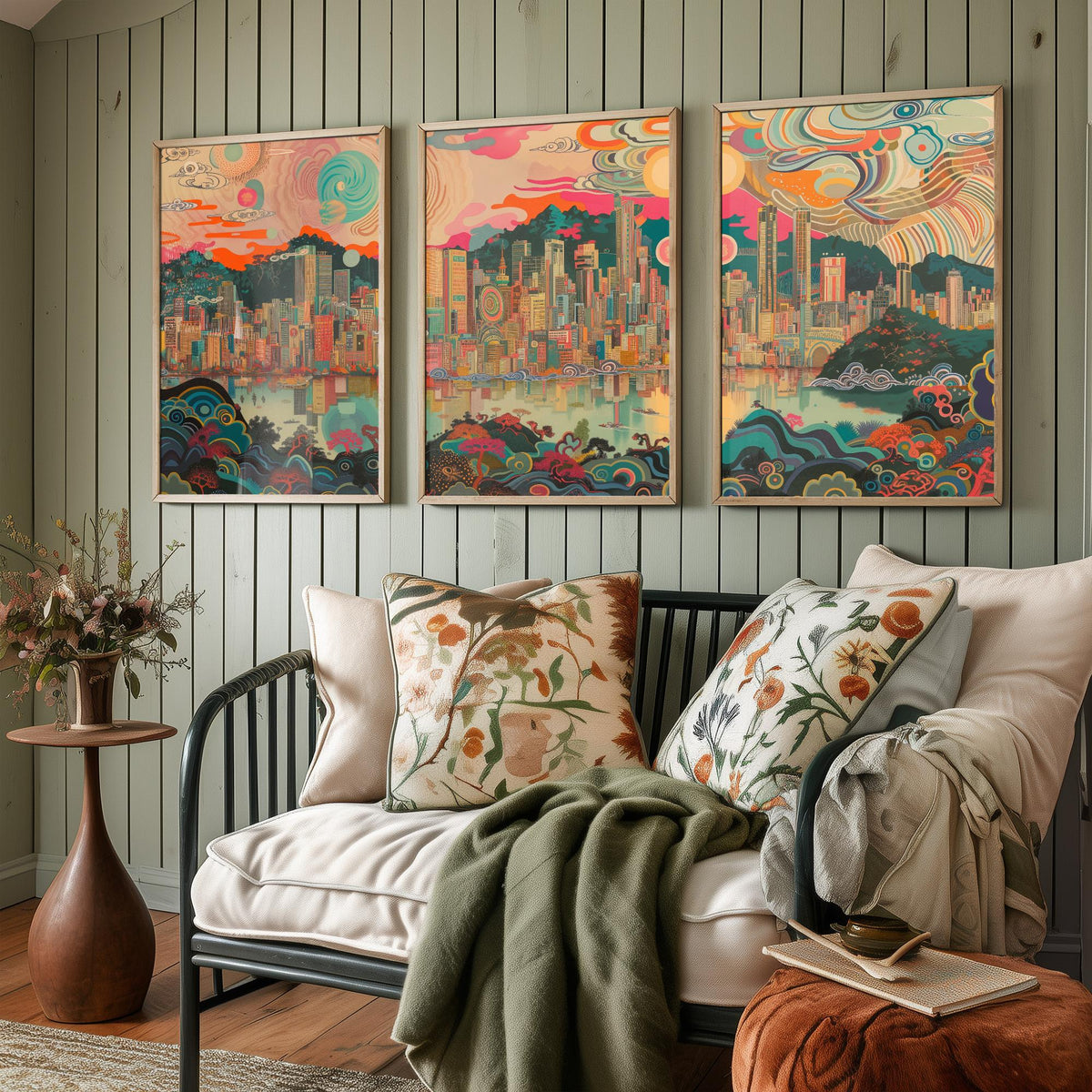 Seoul South Korea Skyline Set of Three Prints - N Seoul Tower, Namsan, Han River - 3 Daytime Panorama Art Prints Poster Illustration
