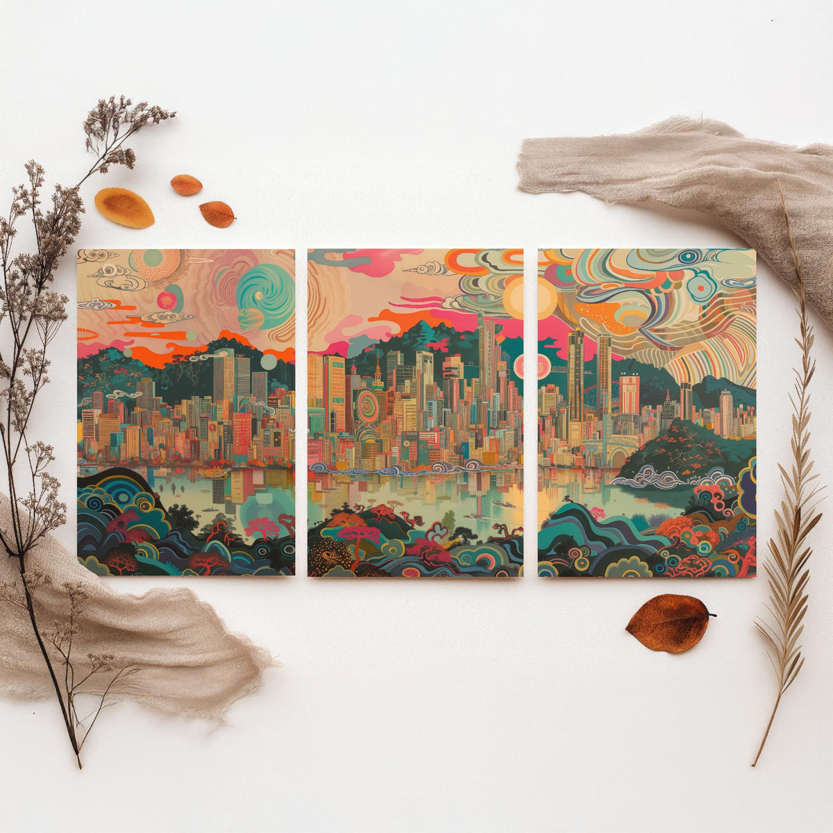 Seoul South Korea Skyline Set of Three Prints - N Seoul Tower, Namsan, Han River - 3 Daytime Panorama Art Prints Poster Illustration