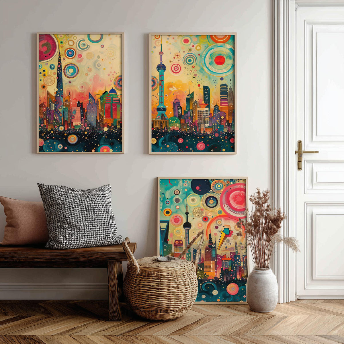 Shanghai China Skyline Set of Three Prints - Oriental Pearl Tower, Pudong, Shanghai Tower - 3 Panorama Art Prints Poster Painting