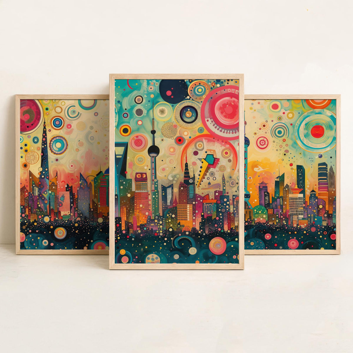 Shanghai China Skyline Set of Three Prints - Oriental Pearl Tower, Pudong, Shanghai Tower - 3 Panorama Art Prints Poster Painting