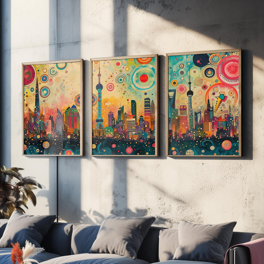 Shanghai China Skyline Set of Three Prints - Oriental Pearl Tower, Pudong, Shanghai Tower - 3 Panorama Art Prints Poster Painting