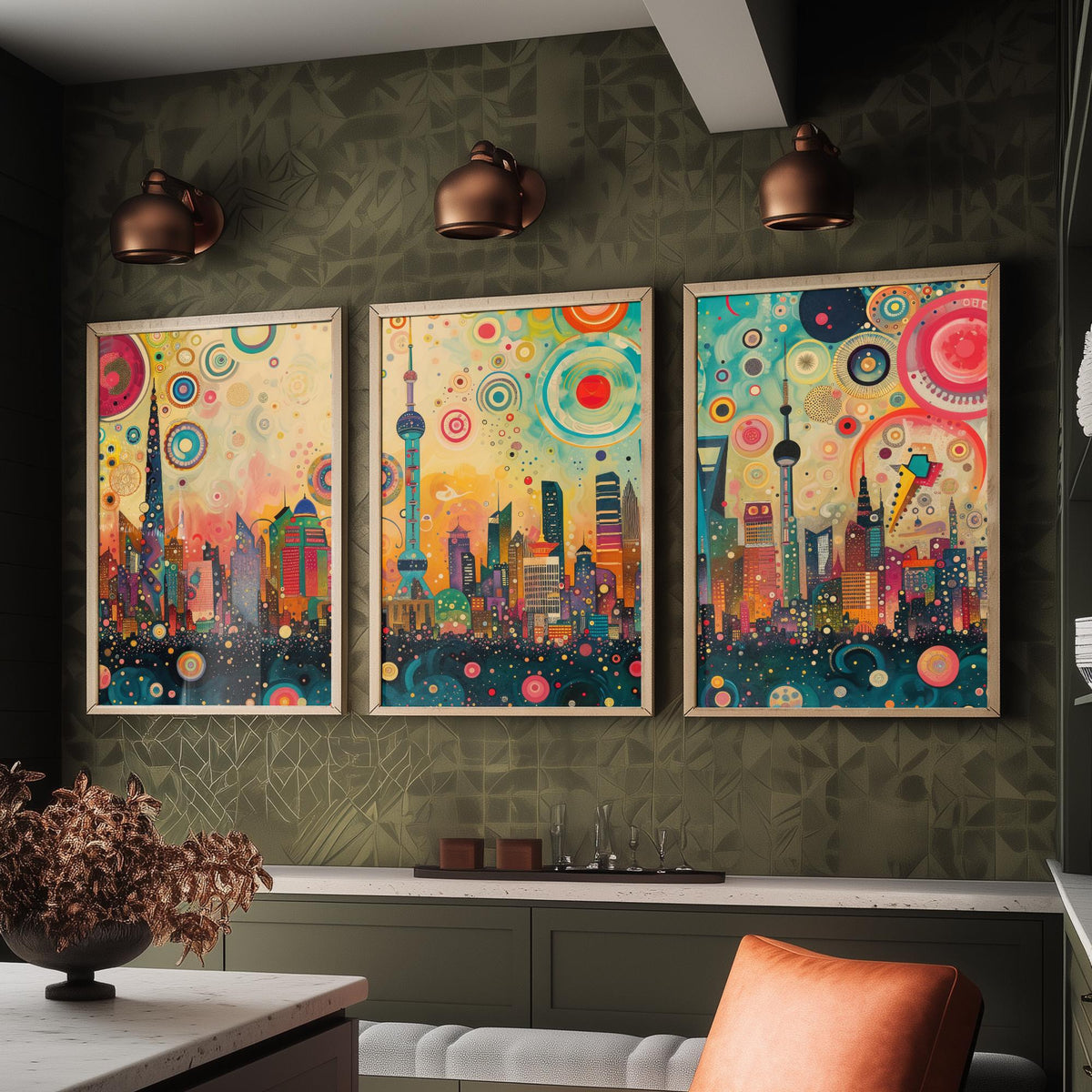Shanghai China Skyline Set of Three Prints - Oriental Pearl Tower, Pudong, Shanghai Tower - 3 Panorama Art Prints Poster Painting