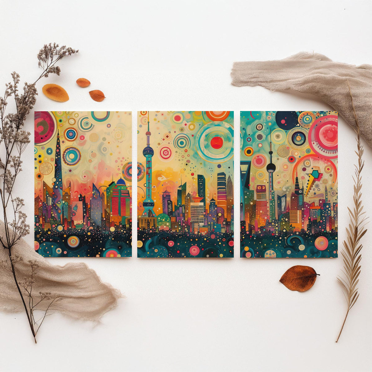 Shanghai China Skyline Set of Three Prints - Oriental Pearl Tower, Pudong, Shanghai Tower - 3 Panorama Art Prints Poster Painting