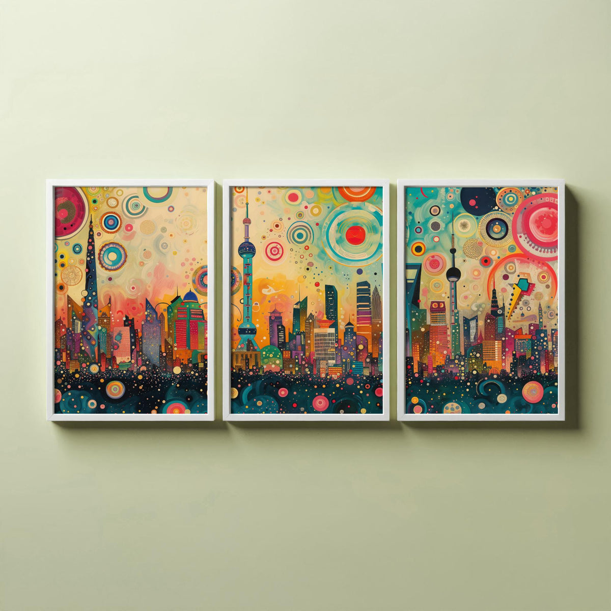 Shanghai China Skyline Set of Three Prints - Oriental Pearl Tower, Pudong, Shanghai Tower - 3 Panorama Art Prints Poster Painting
