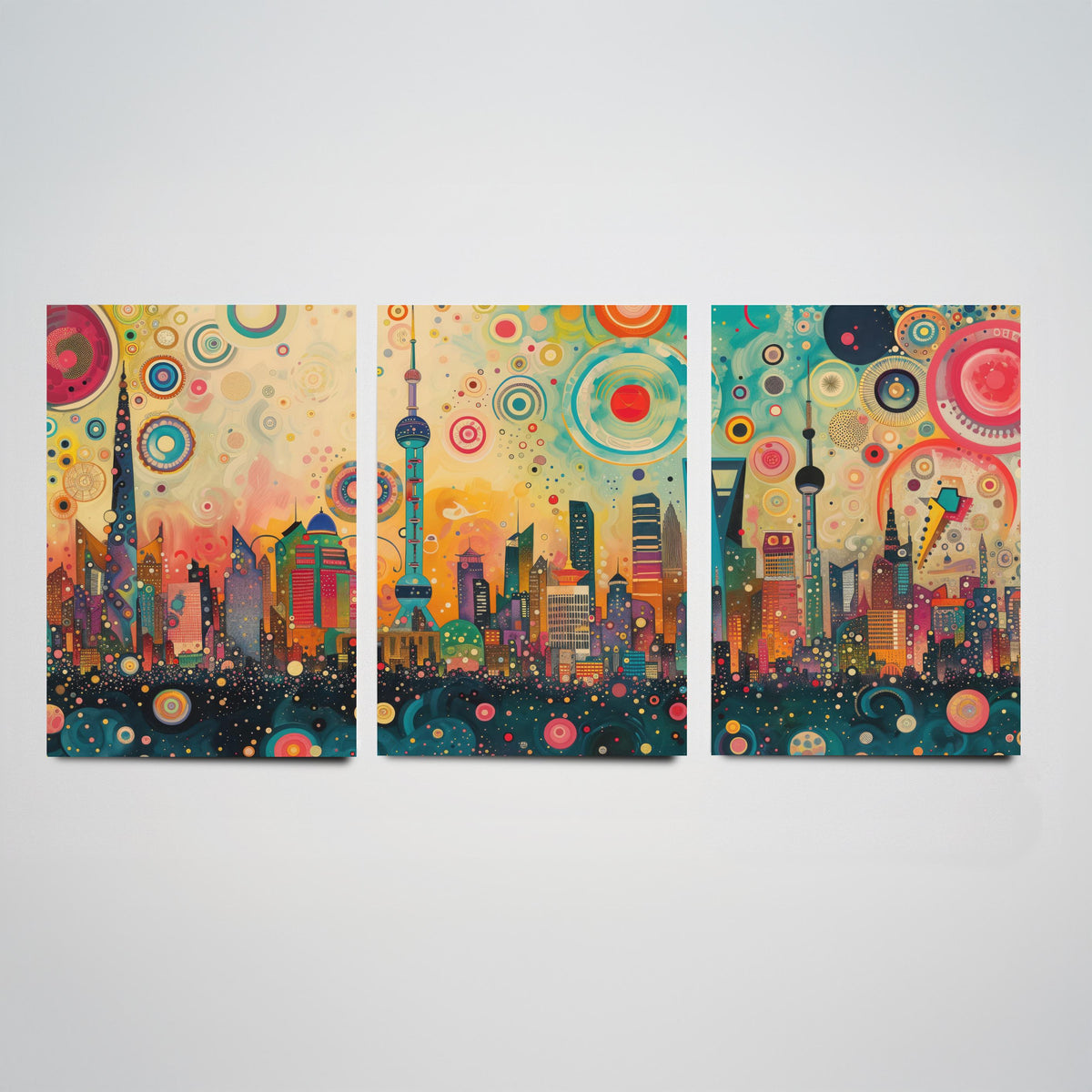 Shanghai China Skyline Set of Three Prints - Oriental Pearl Tower, Pudong, Shanghai Tower - 3 Panorama Art Prints Poster Painting