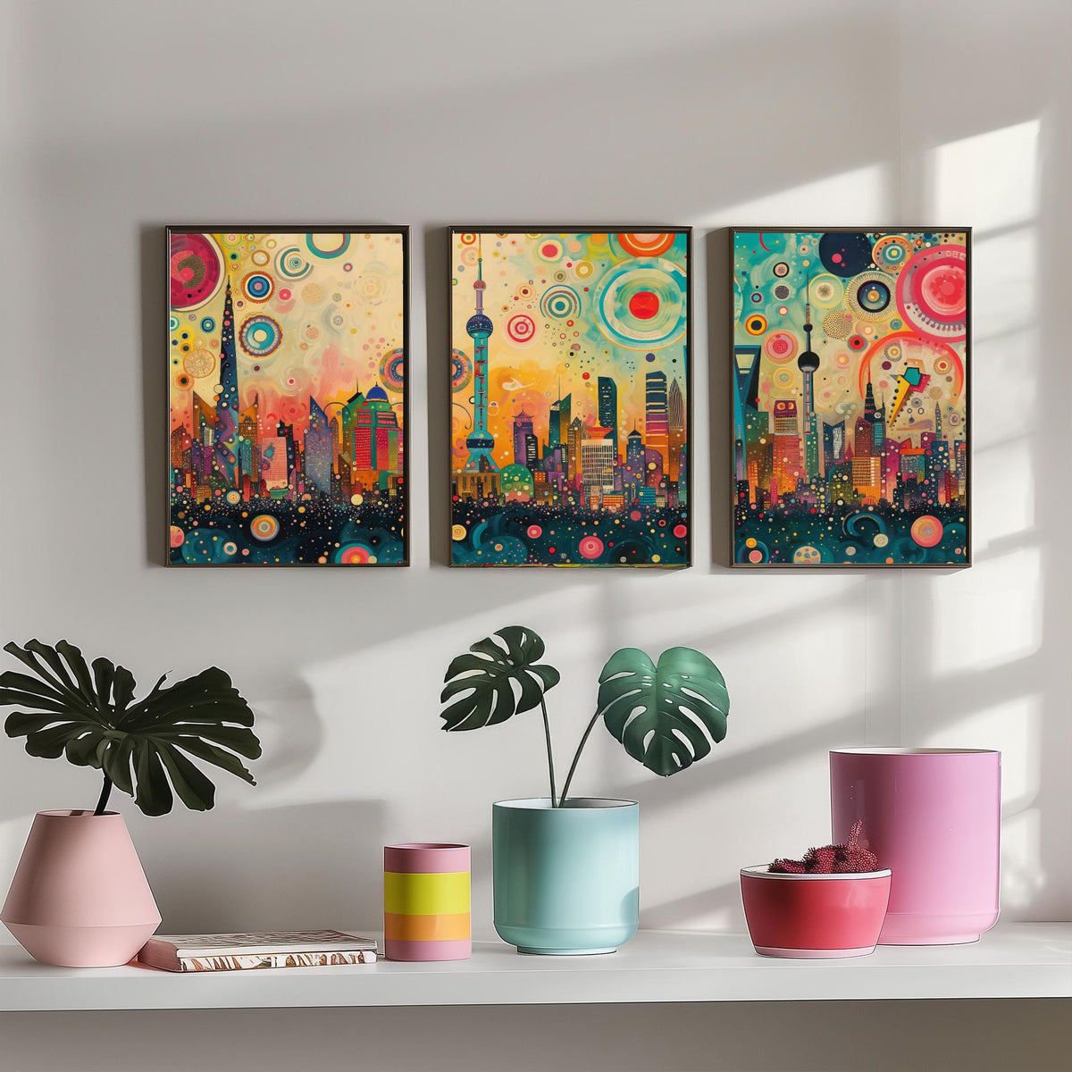 Shanghai China Skyline Set of Three Prints - Oriental Pearl Tower, Pudong, Shanghai Tower - 3 Panorama Art Prints Poster Painting