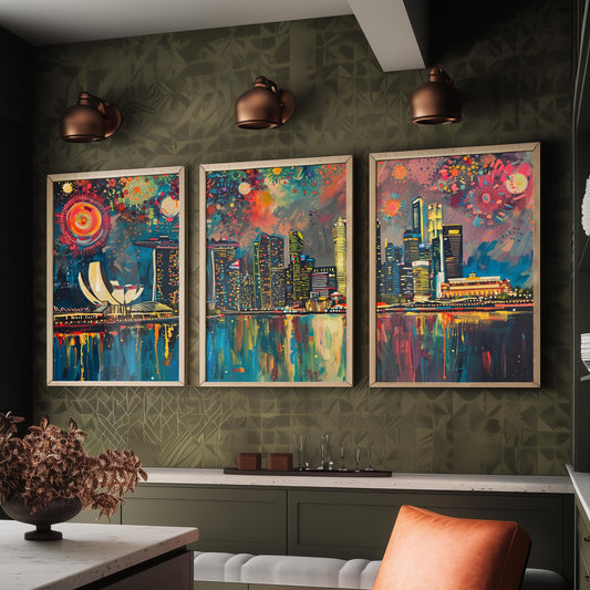 Singapore Skyline Set of Three Prints - Marina Bay Sands, ArtScience Museum, Downtown - 3 Panorama Art Prints Poster Painting