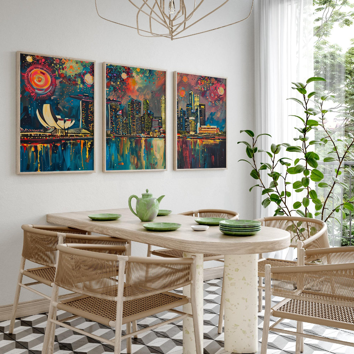Singapore Skyline Set of Three Prints - Marina Bay Sands, ArtScience Museum, Downtown - 3 Panorama Art Prints Poster Painting