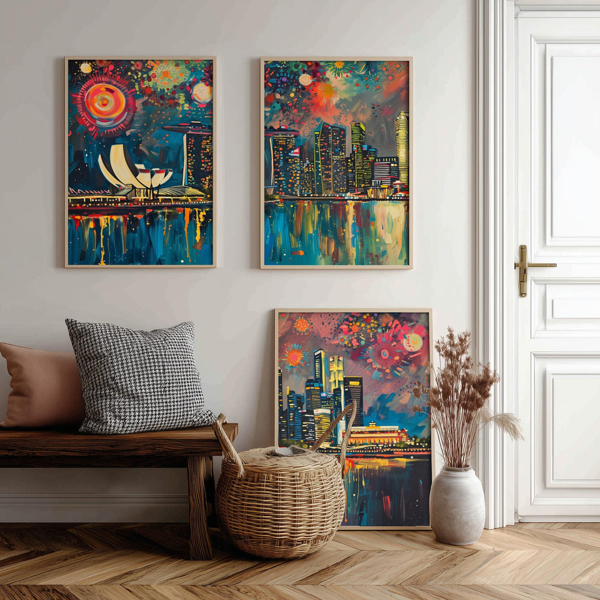 Singapore Skyline Set of Three Prints - Marina Bay Sands, ArtScience Museum, Downtown - 3 Panorama Art Prints Poster Painting