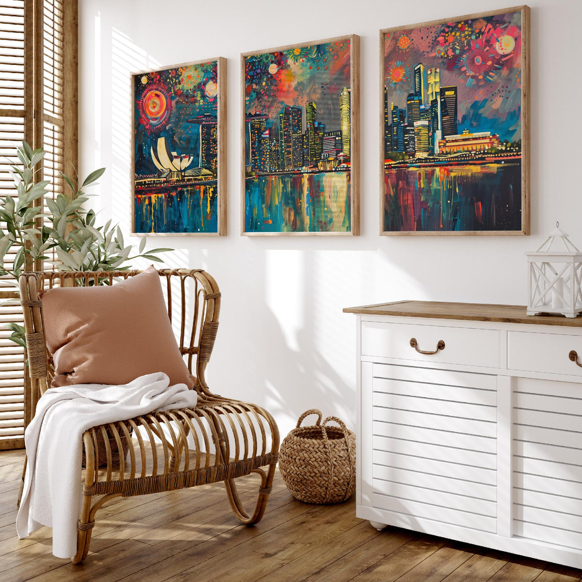 Singapore Skyline Set of Three Prints - Marina Bay Sands, ArtScience Museum, Downtown - 3 Panorama Art Prints Poster Painting