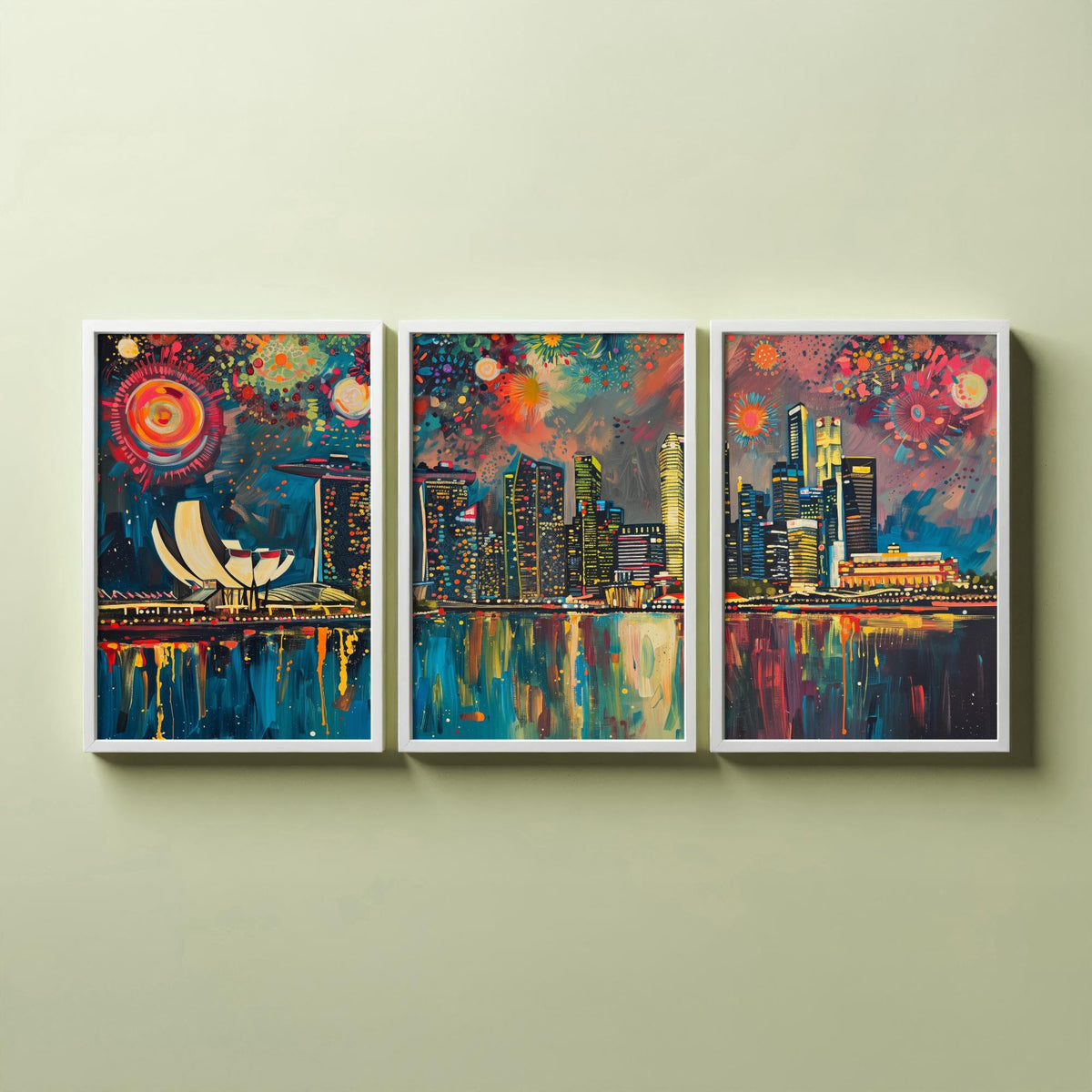 Singapore Skyline Set of Three Prints - Marina Bay Sands, ArtScience Museum, Downtown - 3 Panorama Art Prints Poster Painting