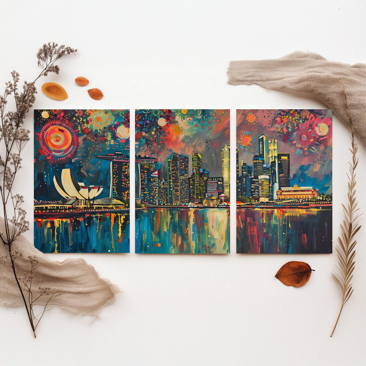 Singapore Skyline Set of Three Prints - Marina Bay Sands, ArtScience Museum, Downtown - 3 Panorama Art Prints Poster Painting