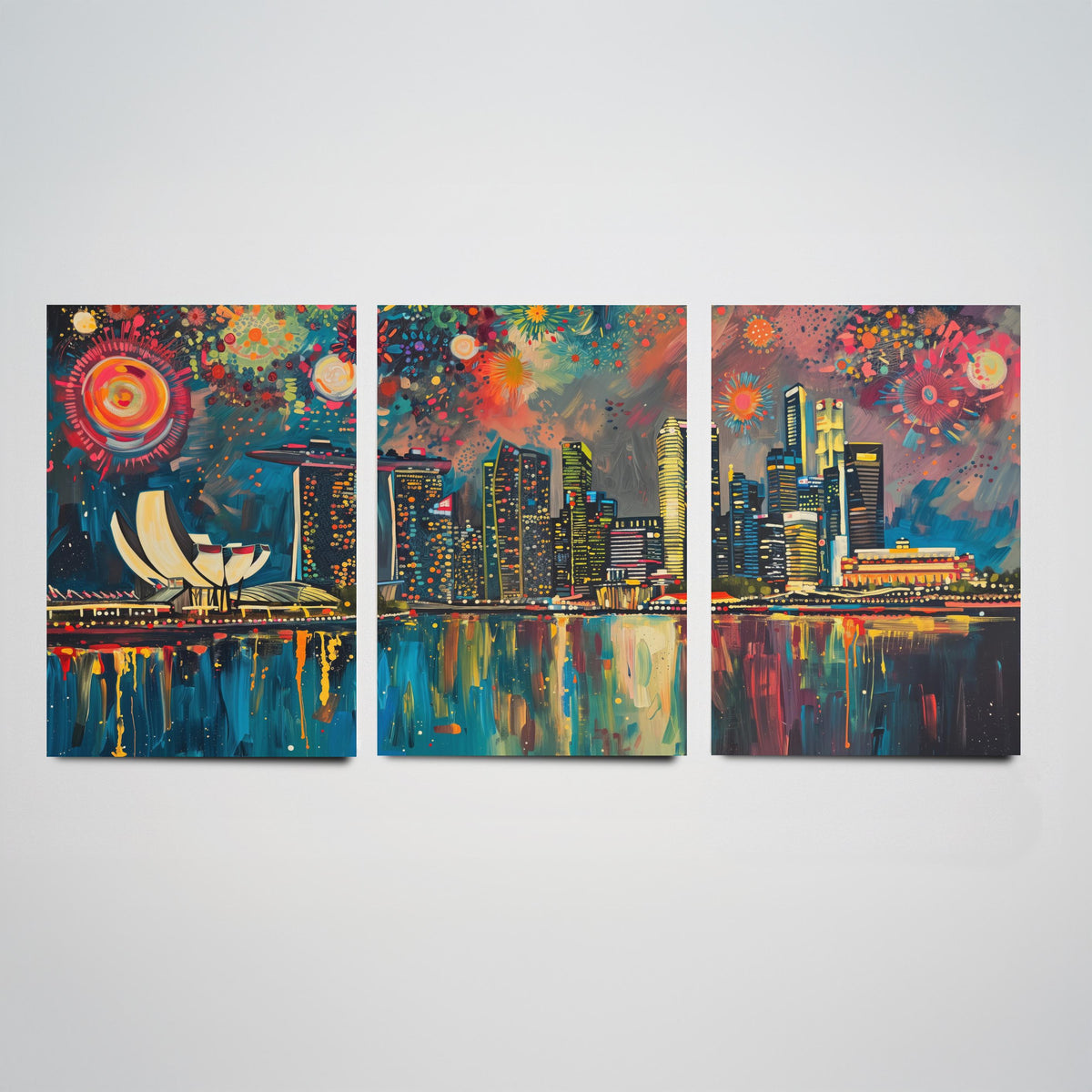 Singapore Skyline Set of Three Prints - Marina Bay Sands, ArtScience Museum, Downtown - 3 Panorama Art Prints Poster Painting