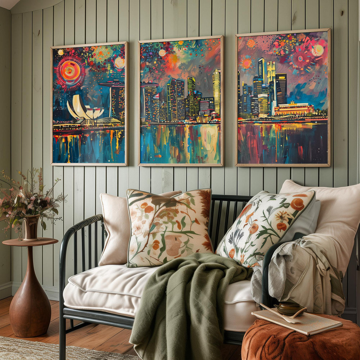 Singapore Skyline Set of Three Prints - Marina Bay Sands, ArtScience Museum, Downtown - 3 Panorama Art Prints Poster Painting