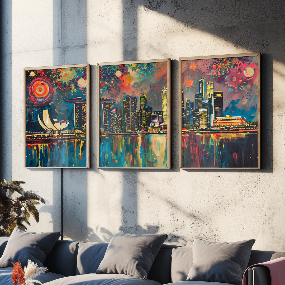 Singapore Skyline Set of Three Prints - Marina Bay Sands, ArtScience Museum, Downtown - 3 Panorama Art Prints Poster Painting