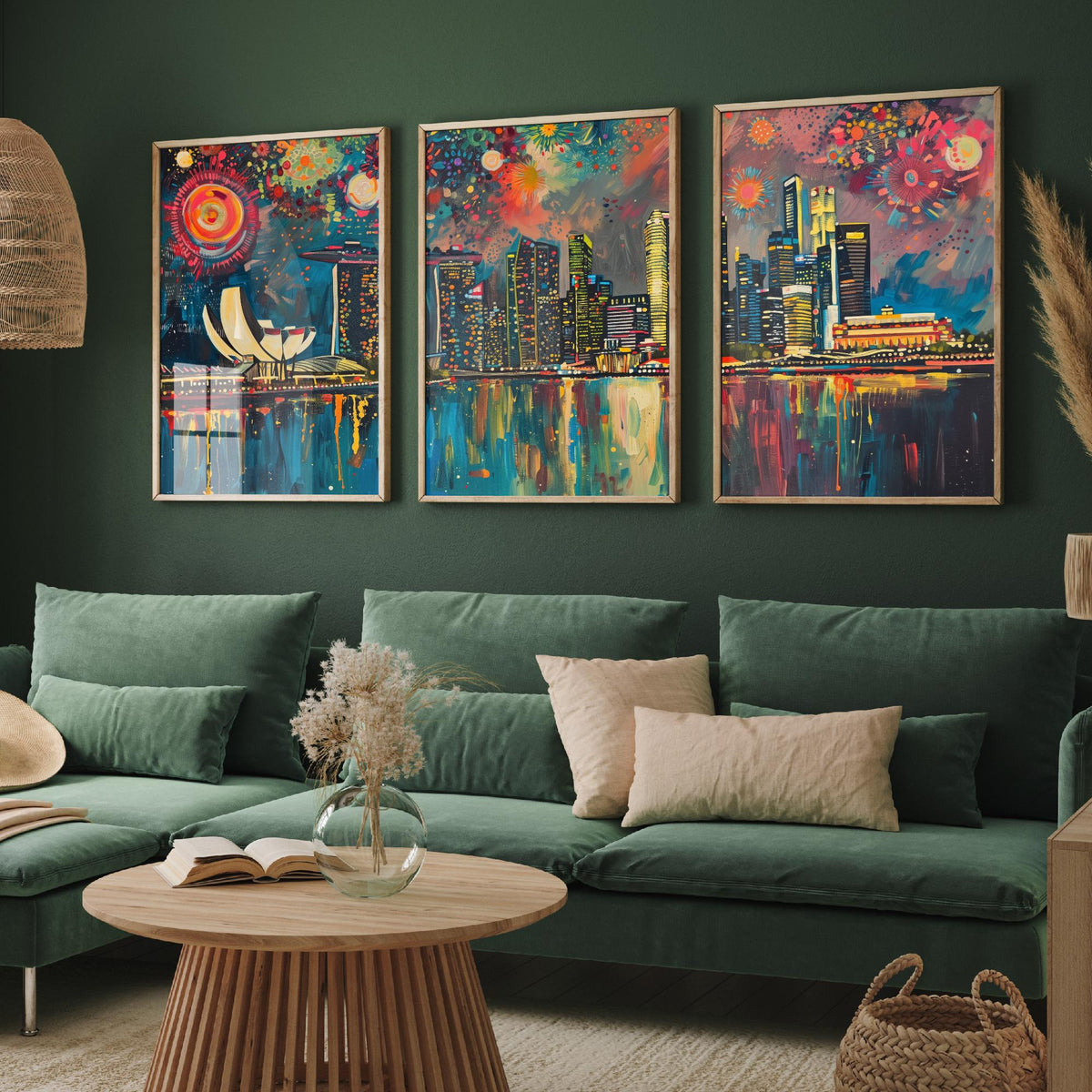 Singapore Skyline Set of Three Prints - Marina Bay Sands, ArtScience Museum, Downtown - 3 Panorama Art Prints Poster Painting