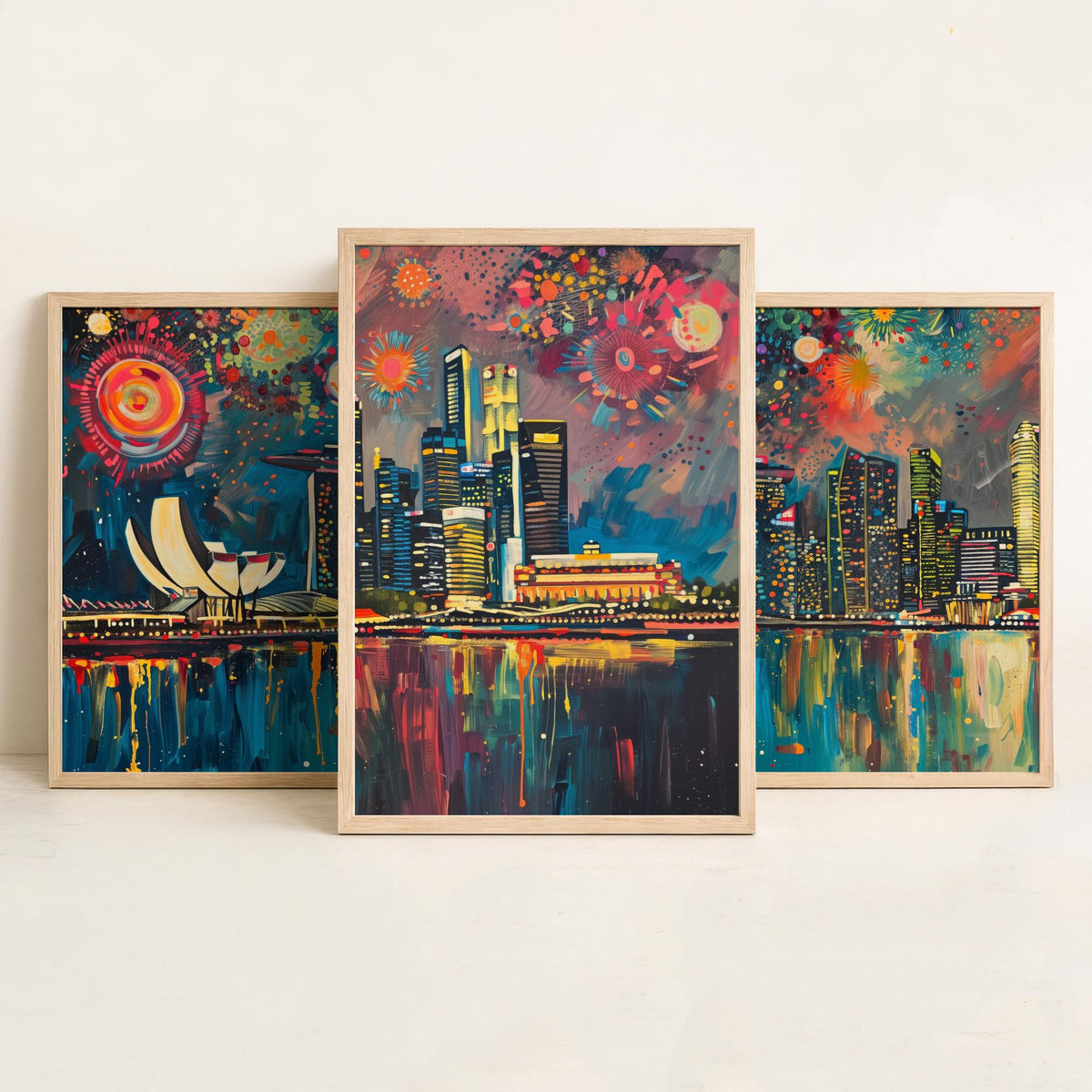 Singapore Skyline Set of Three Prints - Marina Bay Sands, ArtScience Museum, Downtown - 3 Panorama Art Prints Poster Painting