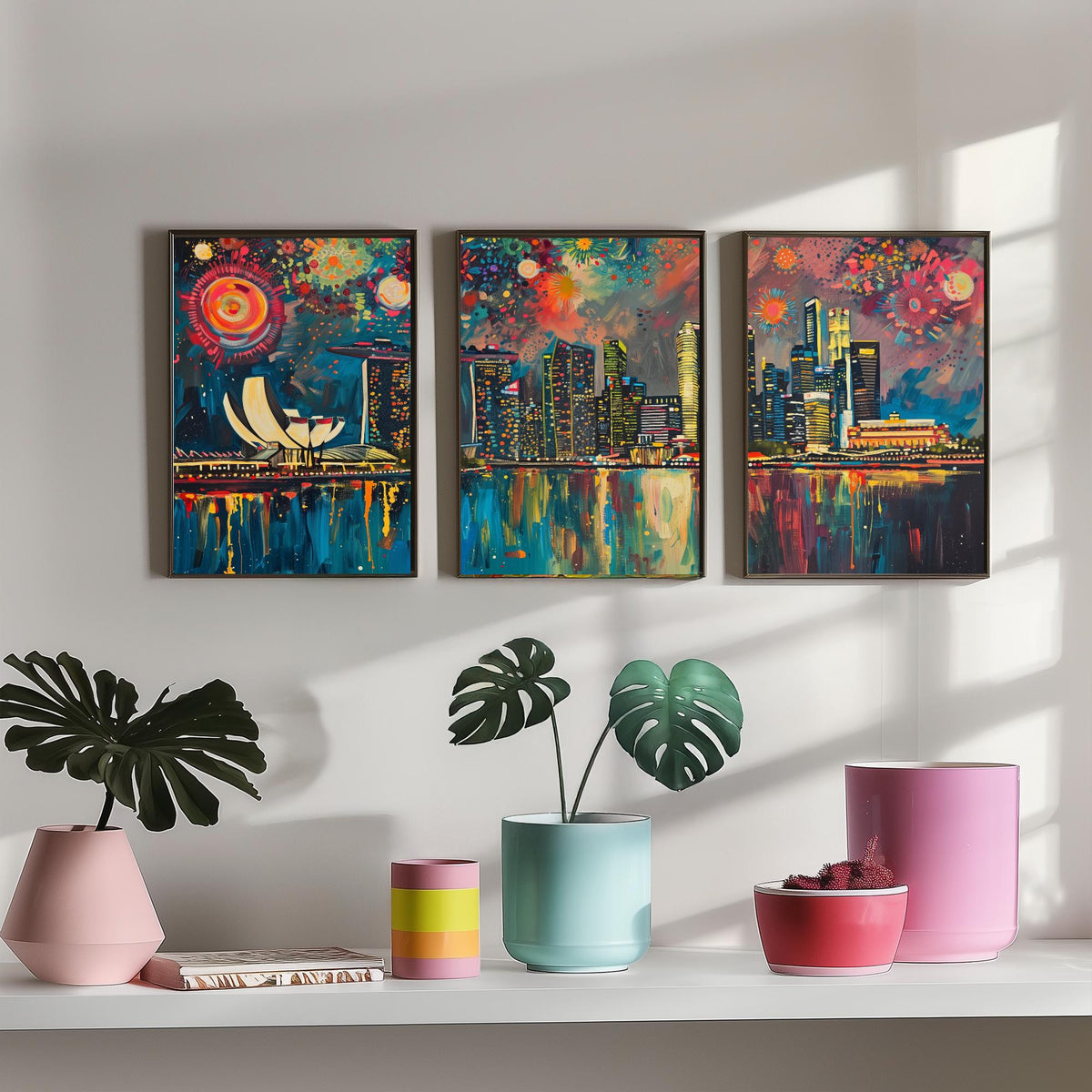 Singapore Skyline Set of Three Prints - Marina Bay Sands, ArtScience Museum, Downtown - 3 Panorama Art Prints Poster Painting