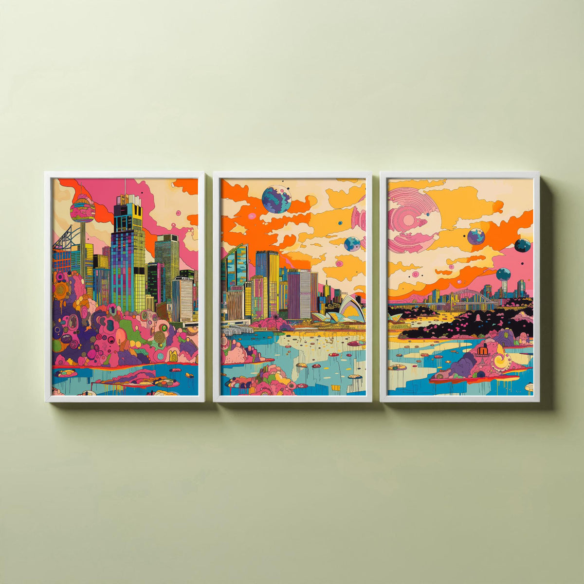 Sydney Australia Set of Three Prints | Opera House Harbour Bridge Skyline | Psychedelic Travel Art Print Poster Illustration
