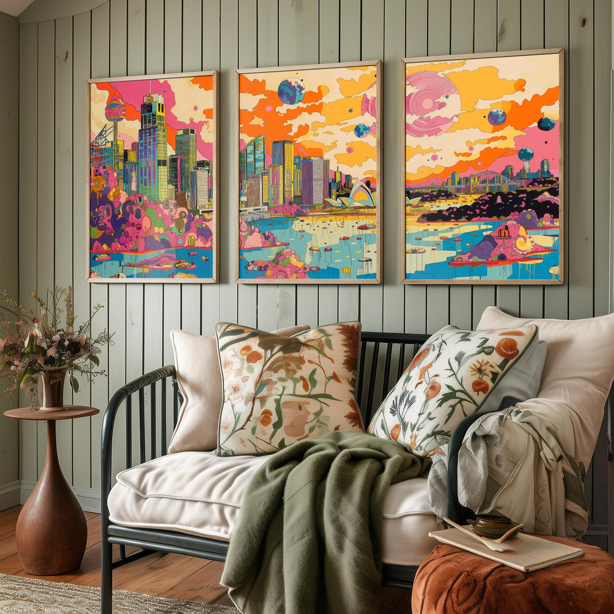 Sydney Australia Set of Three Prints | Opera House Harbour Bridge Skyline | Psychedelic Travel Art Print Poster Illustration
