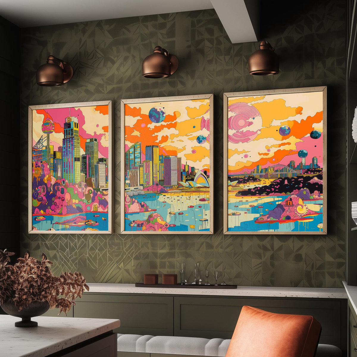 Sydney Australia Set of Three Prints | Opera House Harbour Bridge Skyline | Psychedelic Travel Art Print Poster Illustration