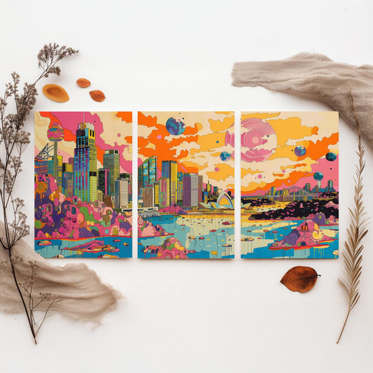 Sydney Australia Set of Three Prints | Opera House Harbour Bridge Skyline | Psychedelic Travel Art Print Poster Illustration