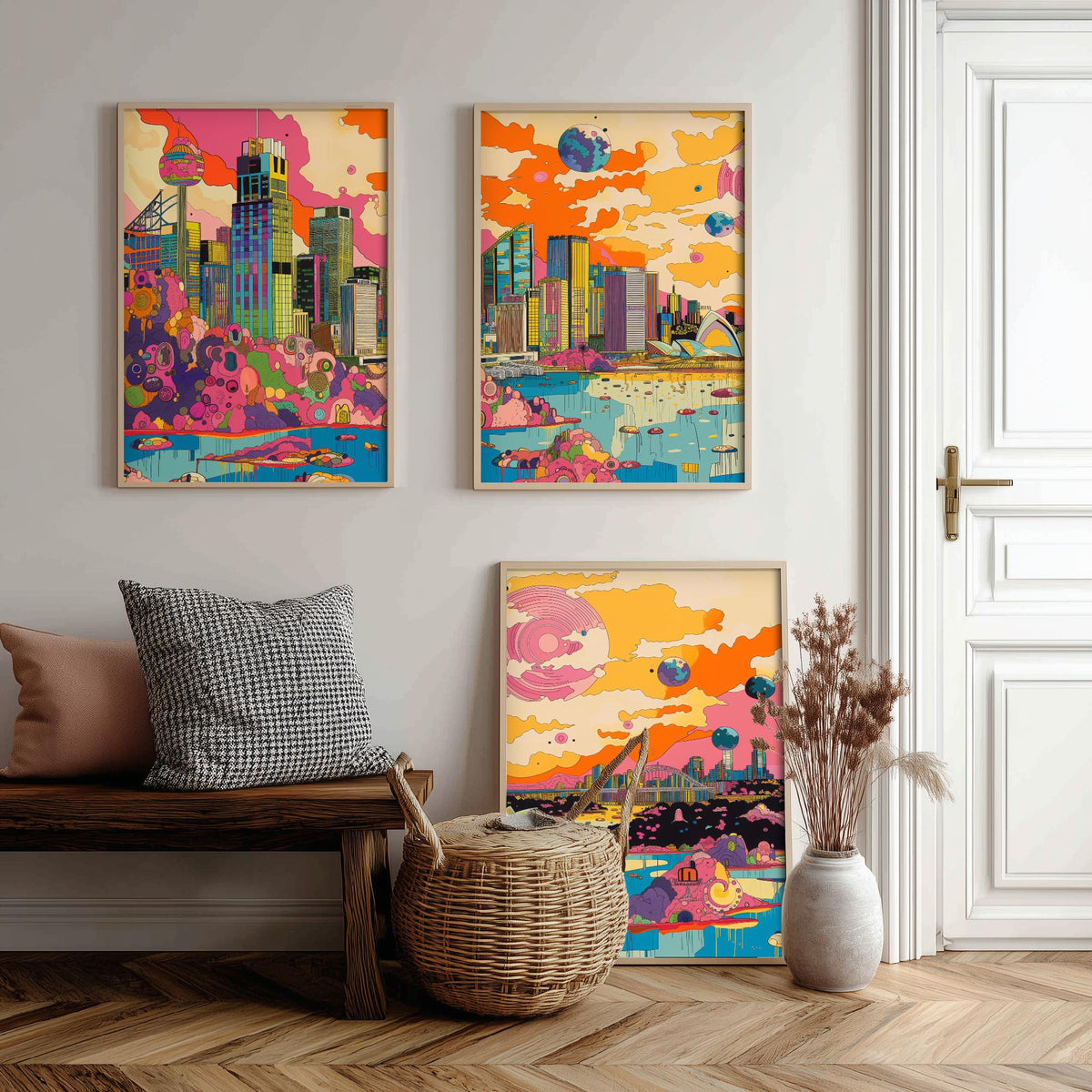 Sydney Australia Set of Three Prints | Opera House Harbour Bridge Skyline | Psychedelic Travel Art Print Poster Illustration