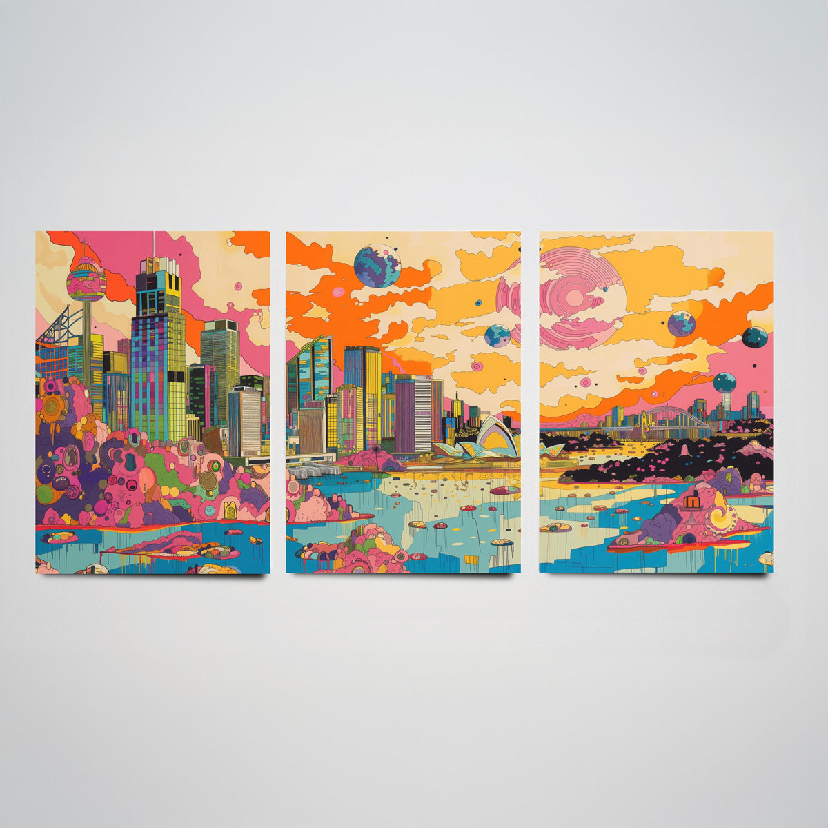 Sydney Australia Set of Three Prints | Opera House Harbour Bridge Skyline | Psychedelic Travel Art Print Poster Illustration