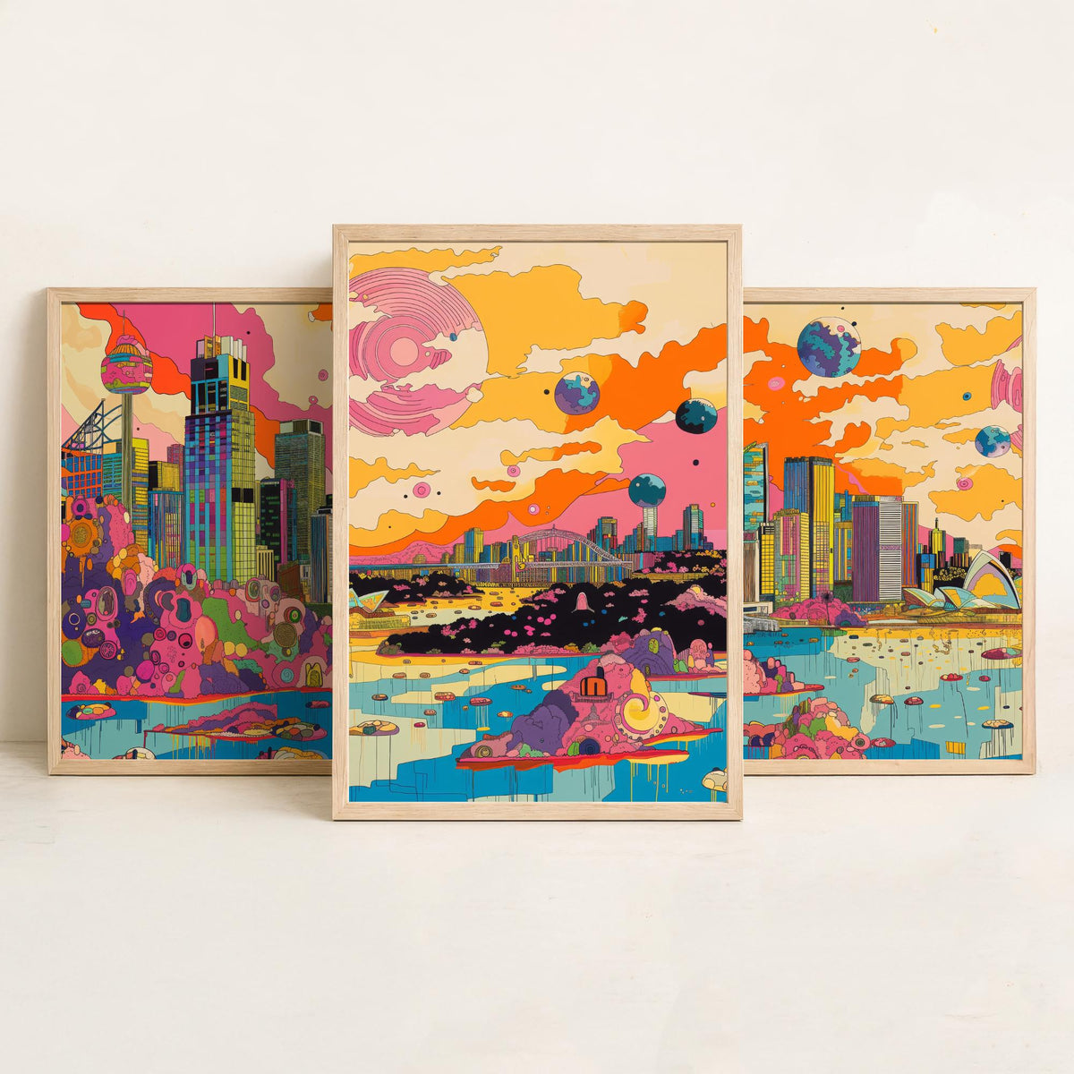 Sydney Australia Set of Three Prints | Opera House Harbour Bridge Skyline | Psychedelic Travel Art Print Poster Illustration