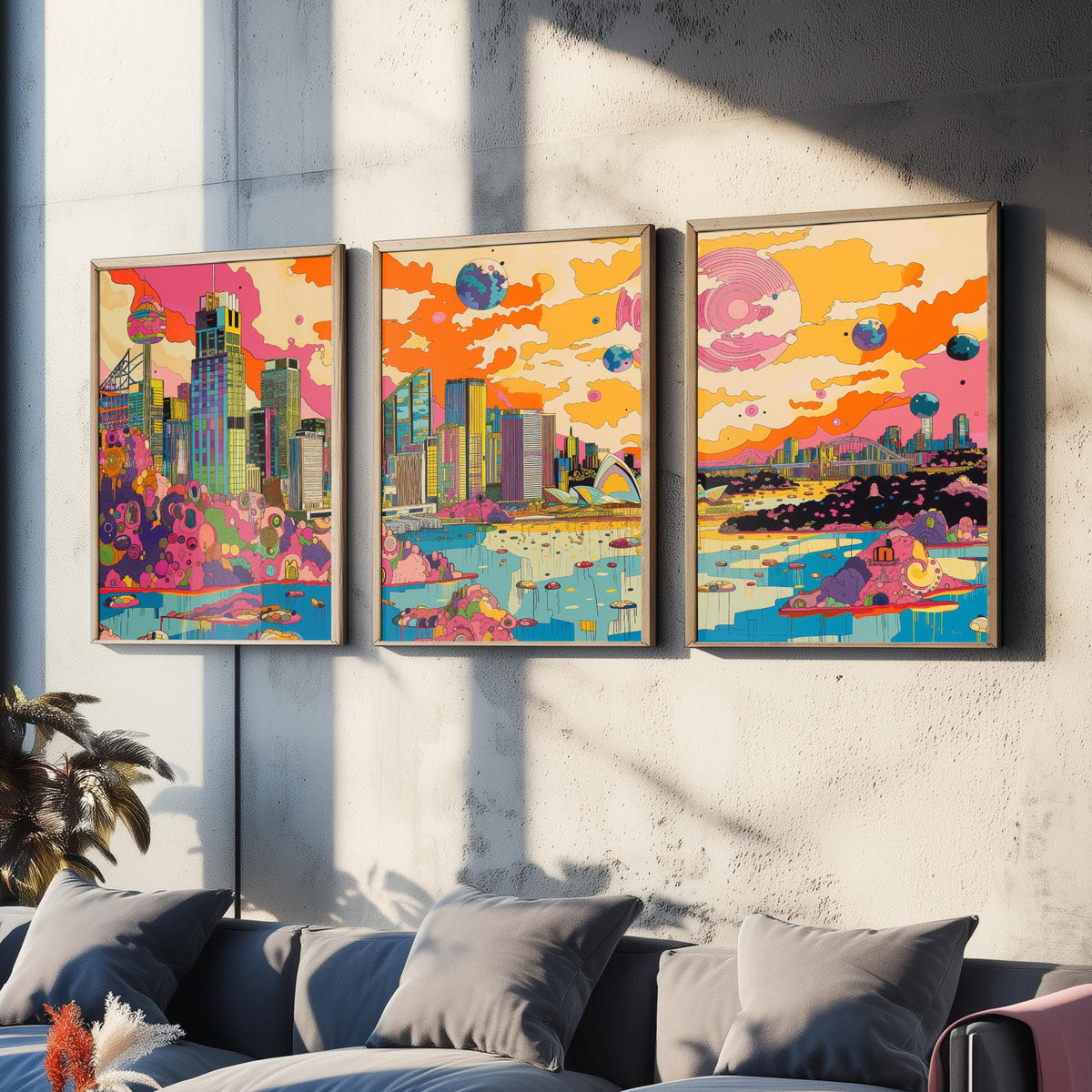 Sydney Australia Set of Three Prints | Opera House Harbour Bridge Skyline | Psychedelic Travel Art Print Poster Illustration