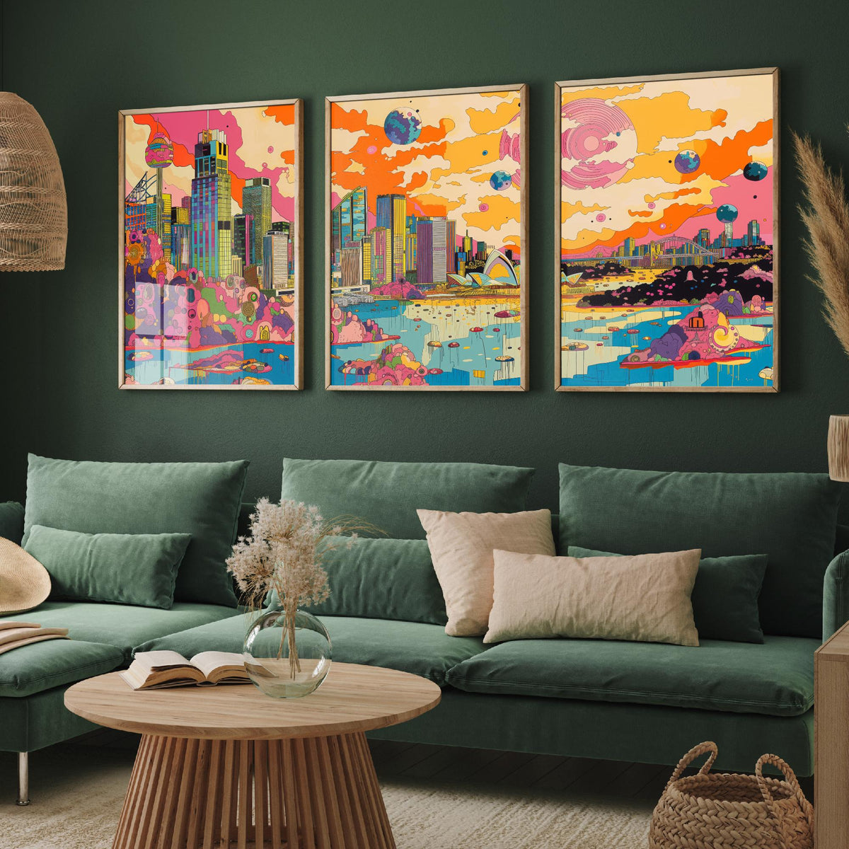 Sydney Australia Set of Three Prints | Opera House Harbour Bridge Skyline | Psychedelic Travel Art Print Poster Illustration