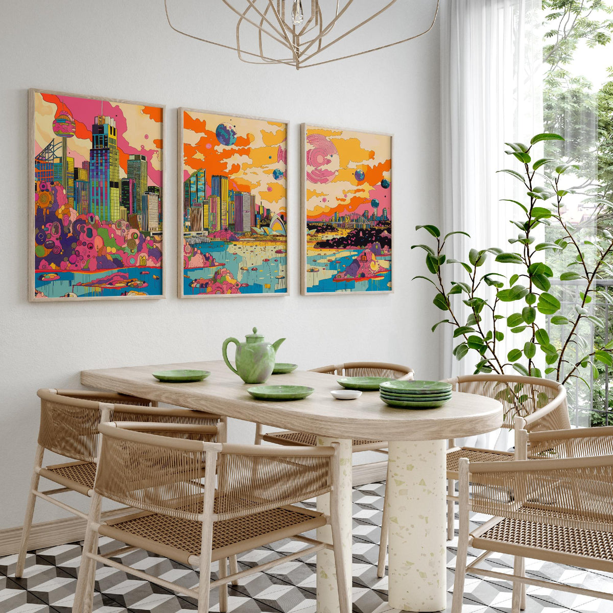 Sydney Australia Set of Three Prints | Opera House Harbour Bridge Skyline | Psychedelic Travel Art Print Poster Illustration