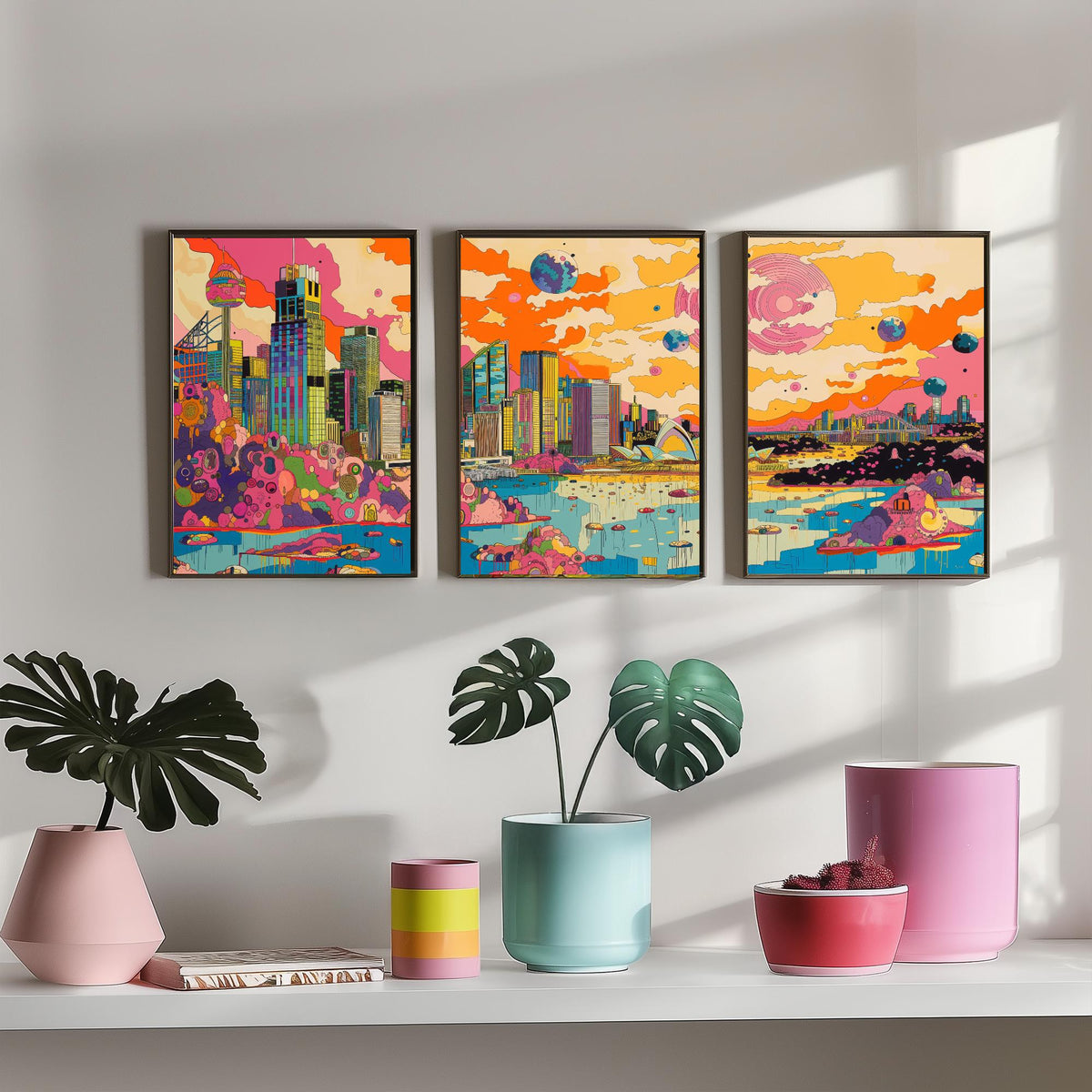 Sydney Australia Set of Three Prints | Opera House Harbour Bridge Skyline | Psychedelic Travel Art Print Poster Illustration