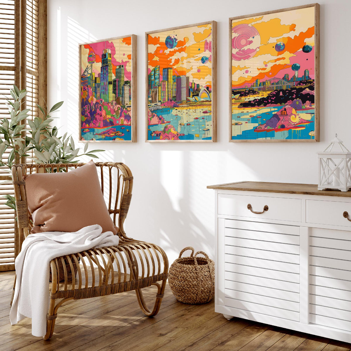 Sydney Australia Set of Three Prints | Opera House Harbour Bridge Skyline | Psychedelic Travel Art Print Poster Illustration