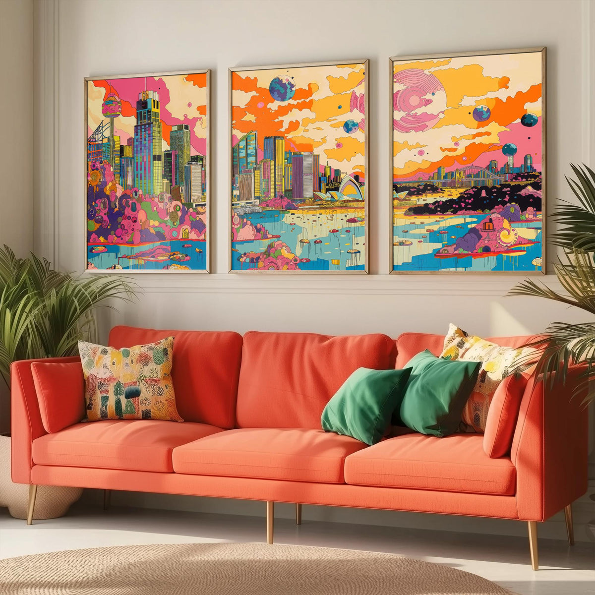 Sydney Australia Set of Three Prints | Opera House Harbour Bridge Skyline | Psychedelic Travel Art Print Poster Illustration