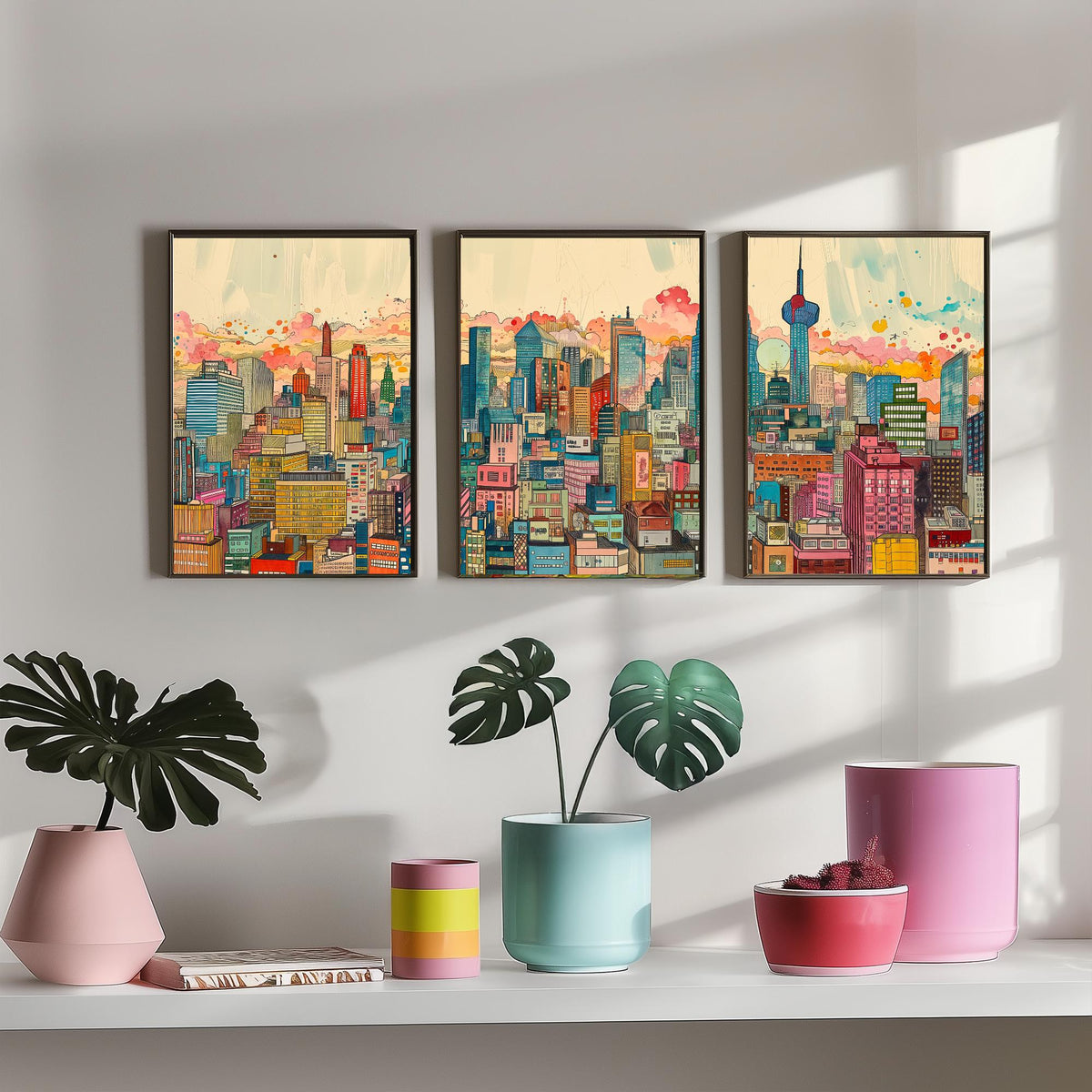 Tokyo Japan Set of Three Prints | Tokyo Tower Skytree Colourful Skyline | Dense Cityscape Travel Art Print Poster Illustration