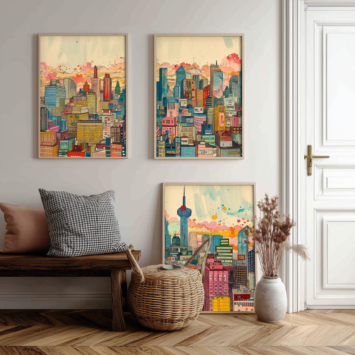 Tokyo Japan Set of Three Prints | Tokyo Tower Skytree Colourful Skyline | Dense Cityscape Travel Art Print Poster Illustration