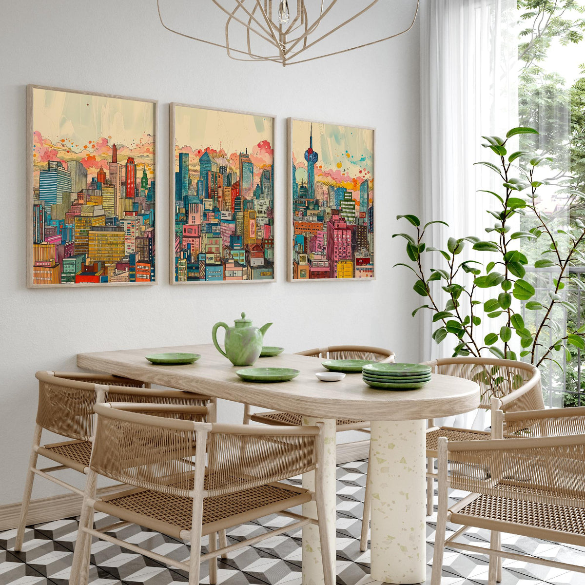 Tokyo Japan Set of Three Prints | Tokyo Tower Skytree Colourful Skyline | Dense Cityscape Travel Art Print Poster Illustration