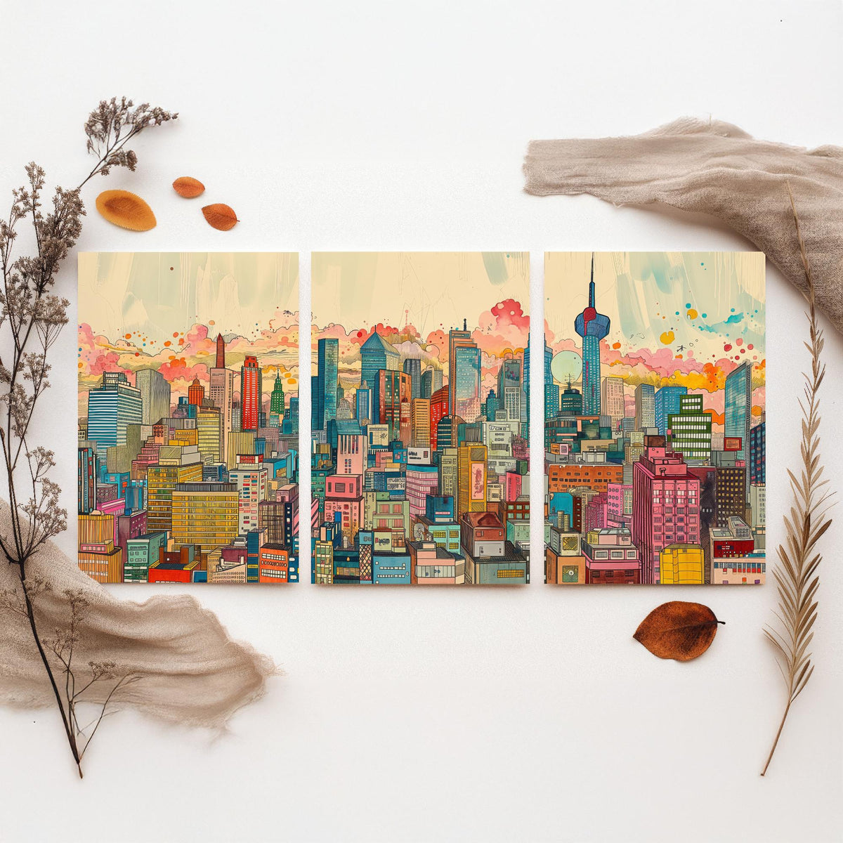 Tokyo Japan Set of Three Prints | Tokyo Tower Skytree Colourful Skyline | Dense Cityscape Travel Art Print Poster Illustration