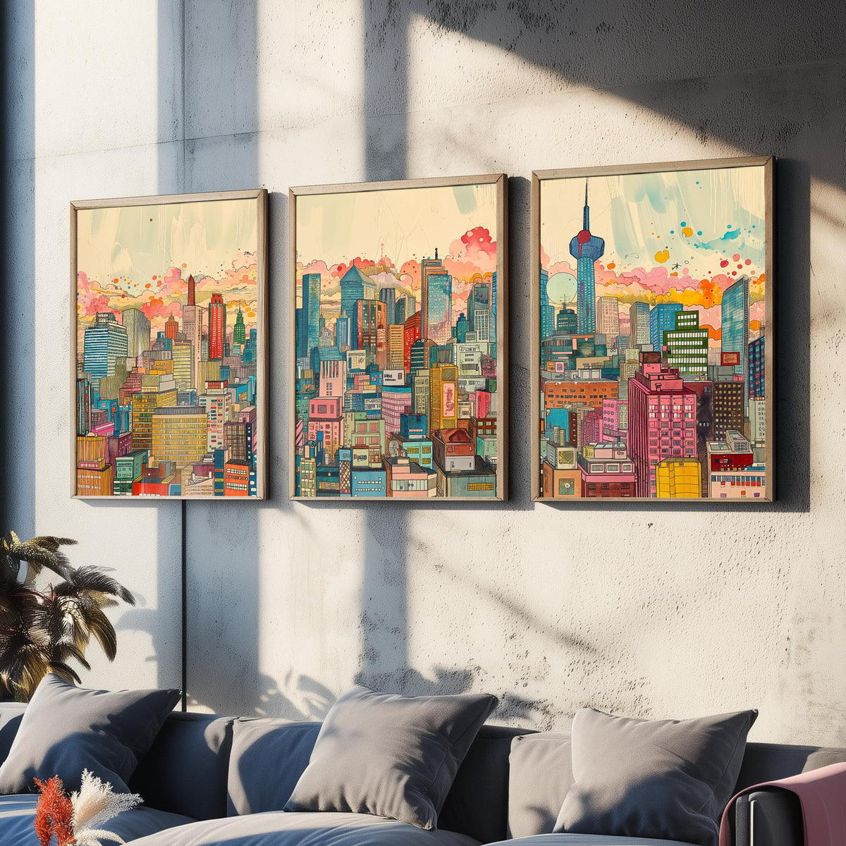 Tokyo Japan Set of Three Prints | Tokyo Tower Skytree Colourful Skyline | Dense Cityscape Travel Art Print Poster Illustration