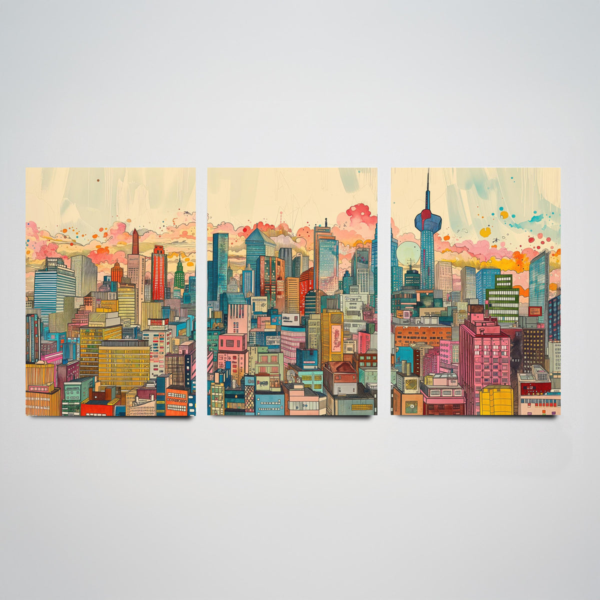 Tokyo Japan Set of Three Prints | Tokyo Tower Skytree Colourful Skyline | Dense Cityscape Travel Art Print Poster Illustration