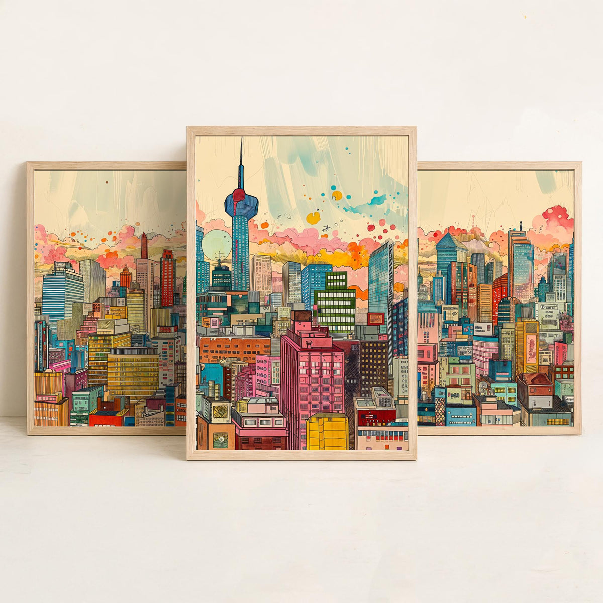 Tokyo Japan Set of Three Prints | Tokyo Tower Skytree Colourful Skyline | Dense Cityscape Travel Art Print Poster Illustration