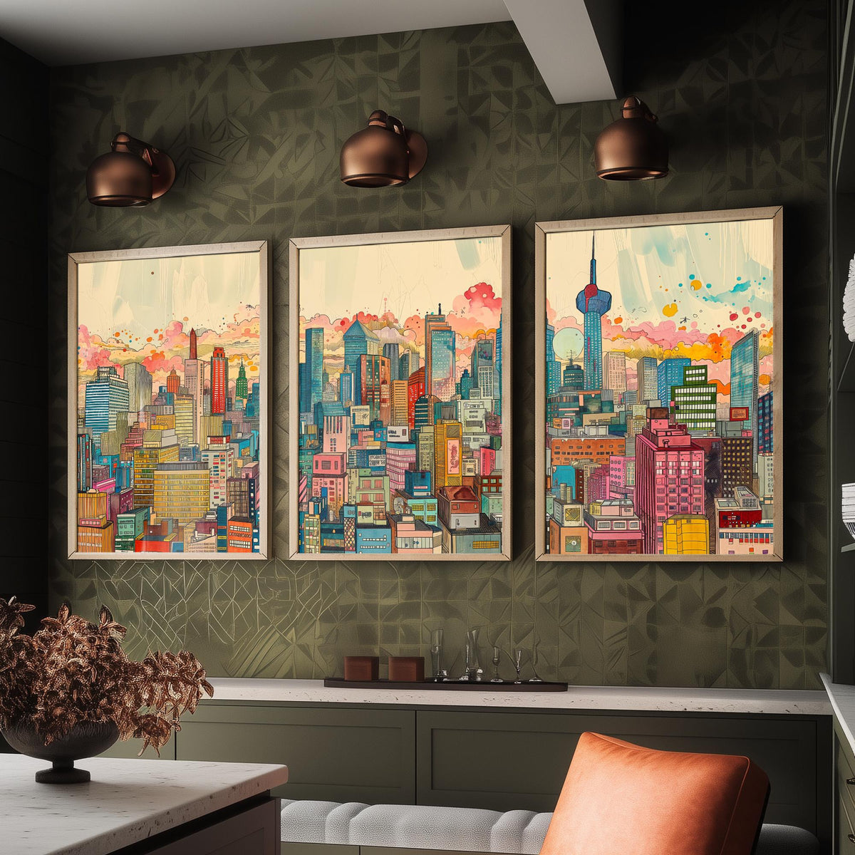 Tokyo Japan Set of Three Prints | Tokyo Tower Skytree Colourful Skyline | Dense Cityscape Travel Art Print Poster Illustration