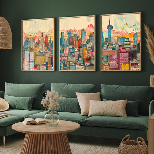 Tokyo Japan Set of Three Prints | Tokyo Tower Skytree Colourful Skyline | Dense Cityscape Travel Art Print Poster Illustration