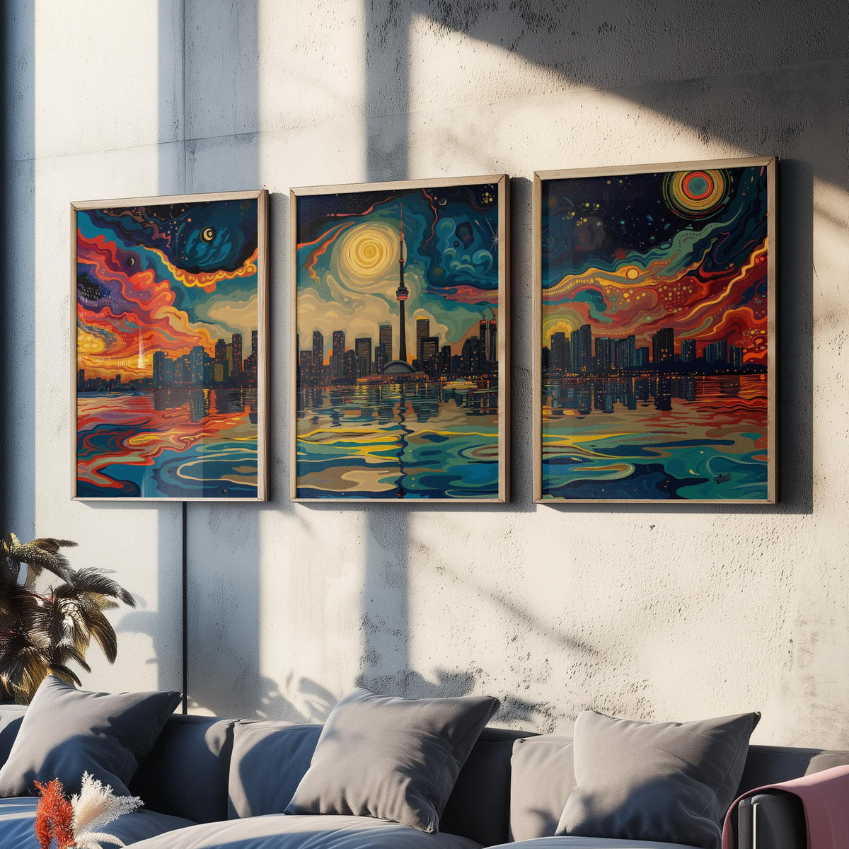 Toronto Canada Set of Three Prints | CN Tower Starry Night Skyline | Swirling Sky Painting Travel Art Print Poster