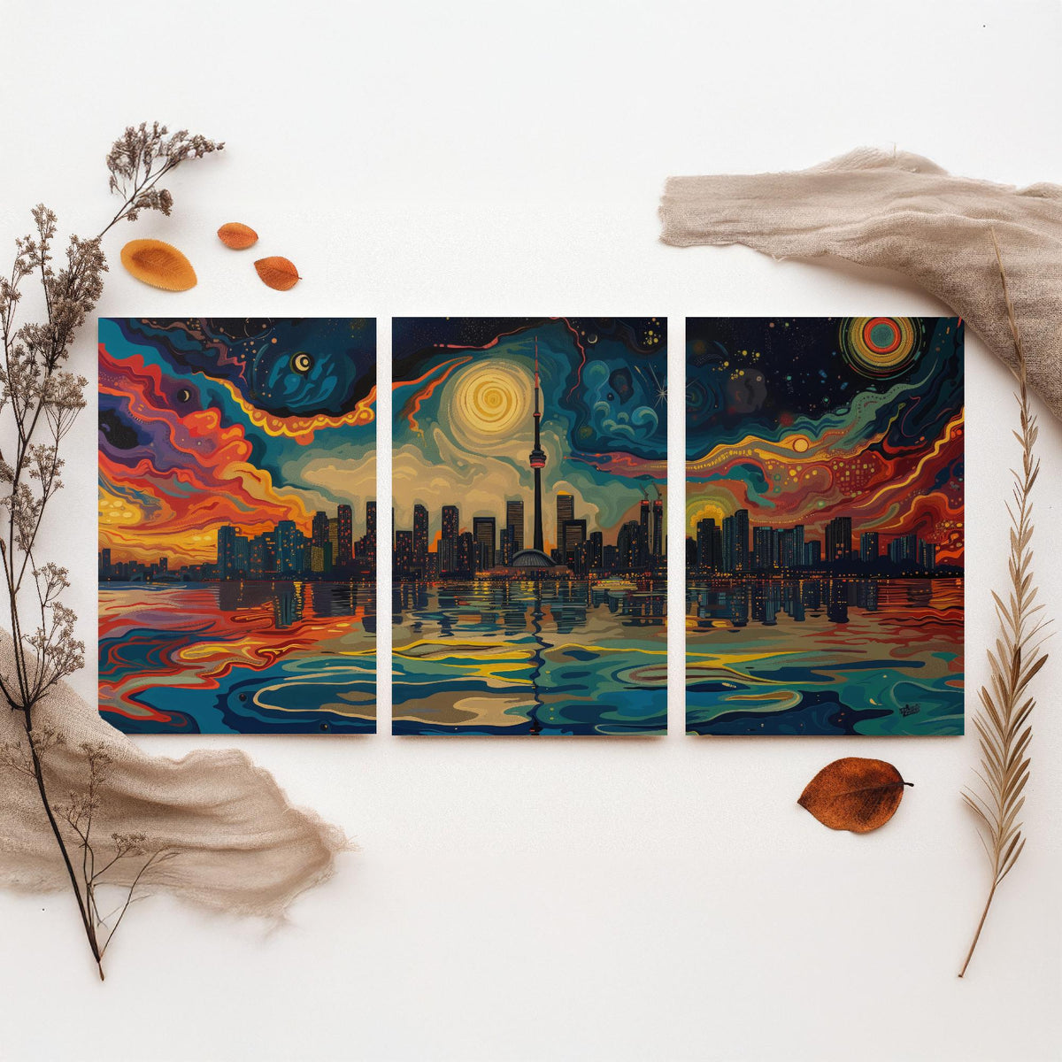 Toronto Canada Set of Three Prints | CN Tower Starry Night Skyline | Swirling Sky Painting Travel Art Print Poster