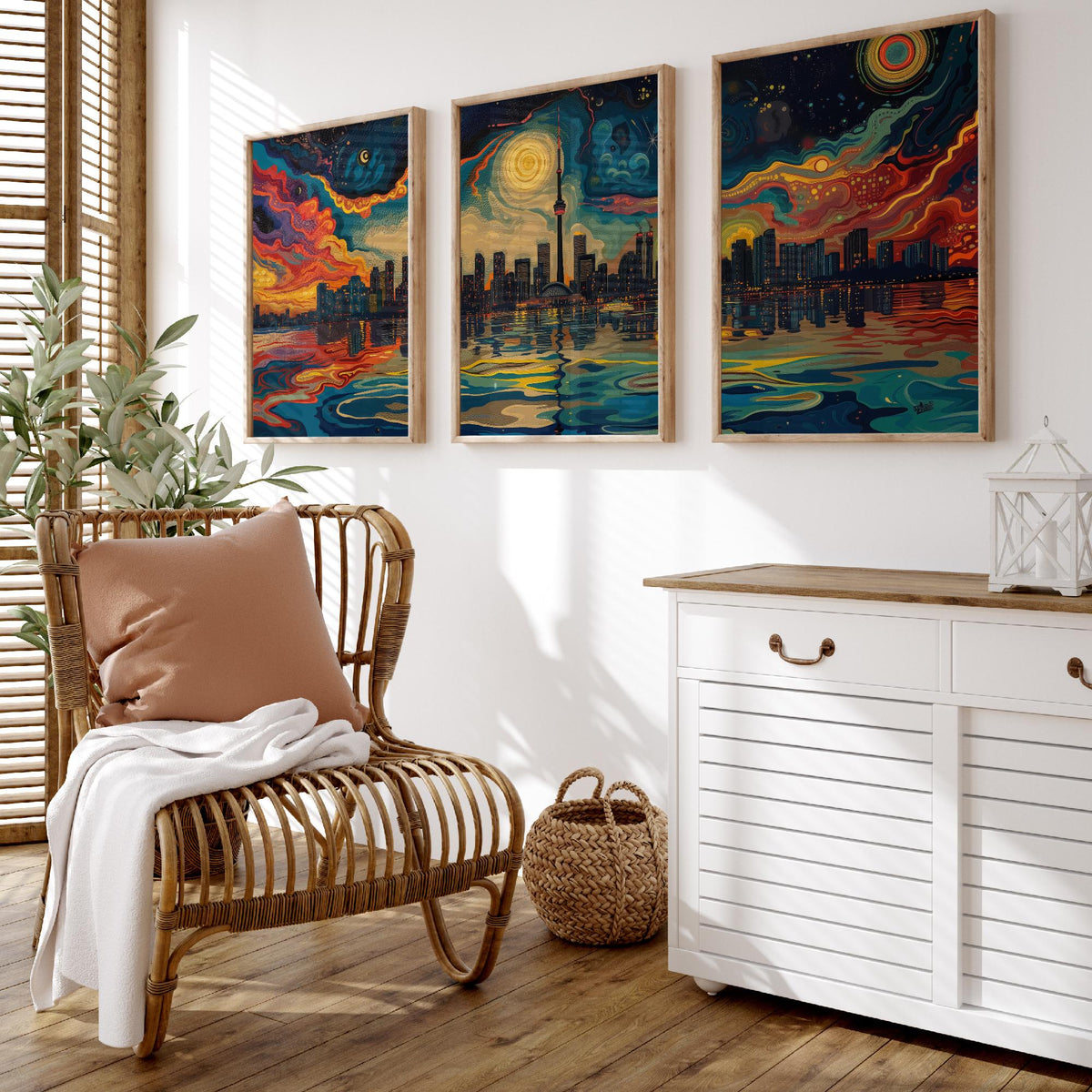 Toronto Canada Set of Three Prints | CN Tower Starry Night Skyline | Swirling Sky Painting Travel Art Print Poster