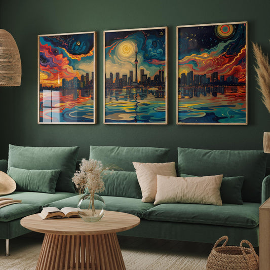 Toronto Canada Set of Three Prints | CN Tower Starry Night Skyline | Swirling Sky Painting Travel Art Print Poster