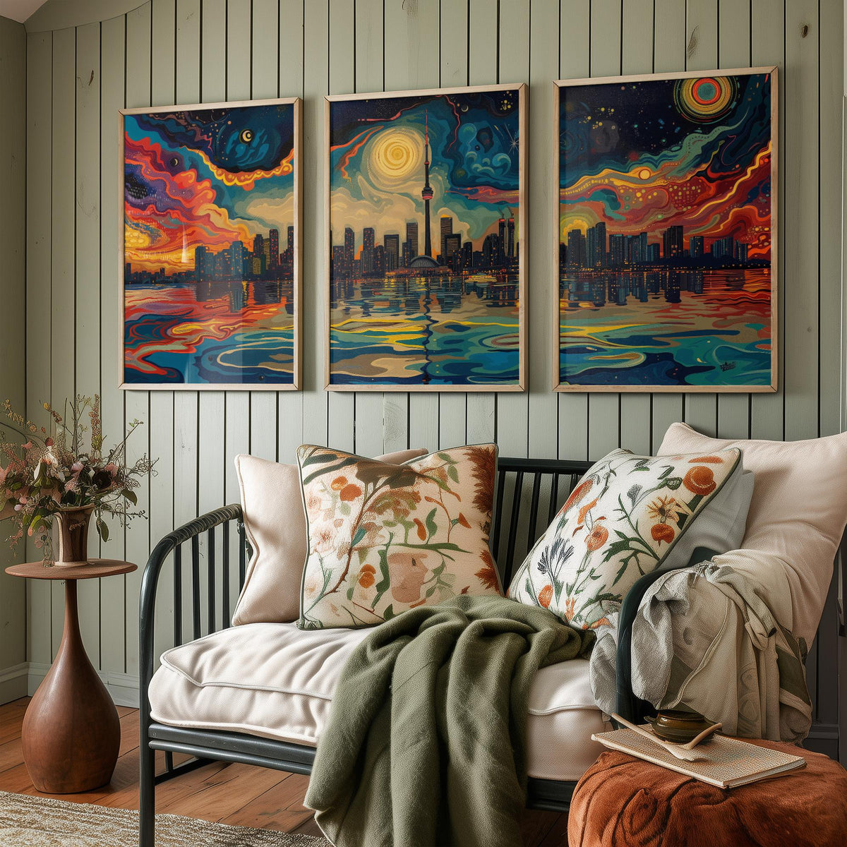 Toronto Canada Set of Three Prints | CN Tower Starry Night Skyline | Swirling Sky Painting Travel Art Print Poster