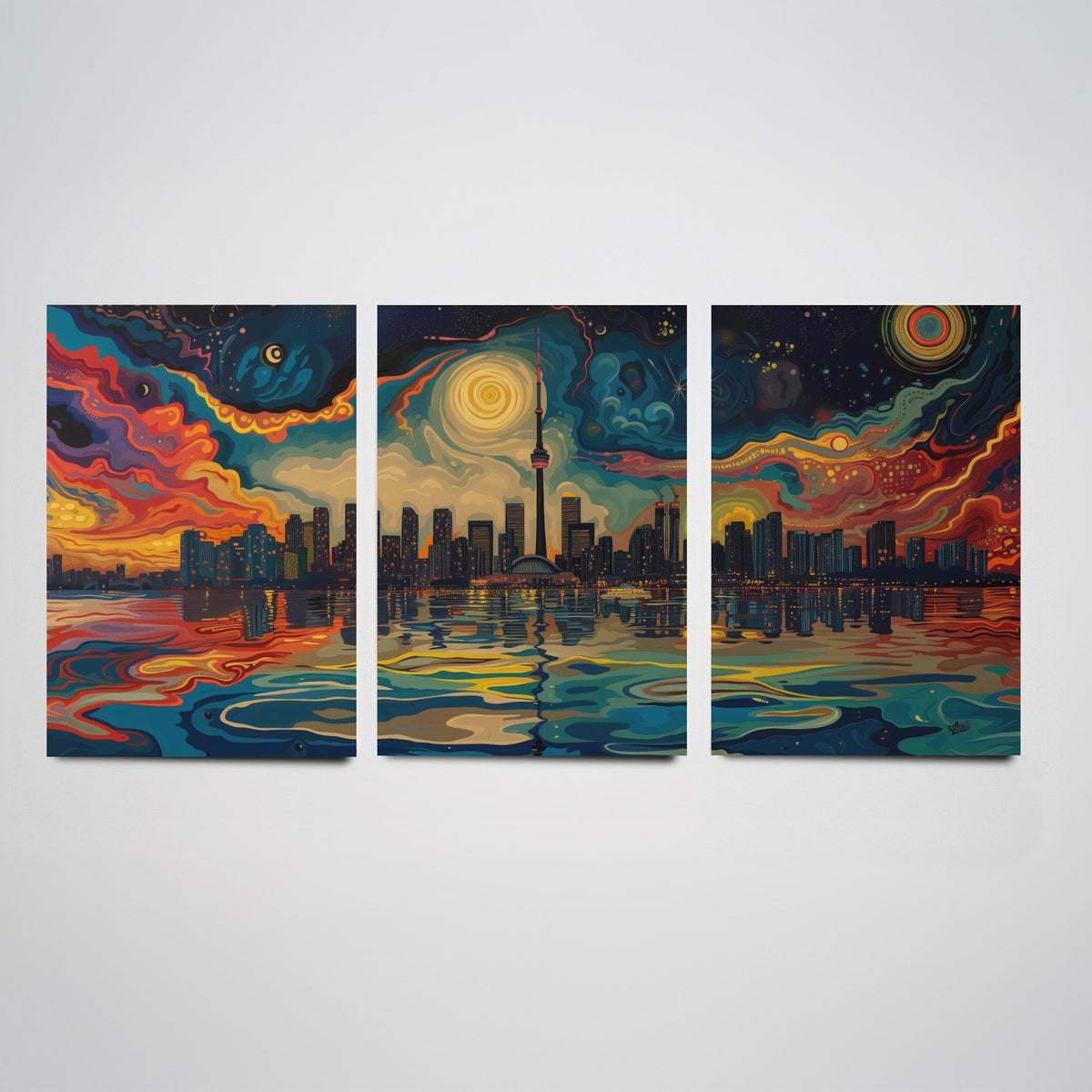 Toronto Canada Set of Three Prints | CN Tower Starry Night Skyline | Swirling Sky Painting Travel Art Print Poster